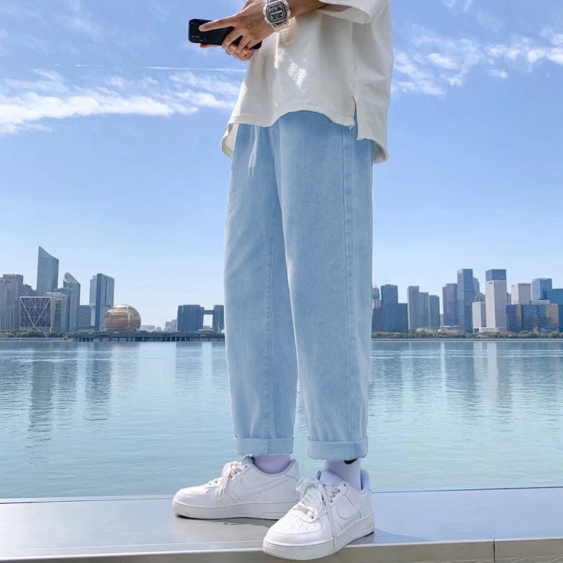 Spring thin jeans men's straight loose tide brand Korean version of Joker wide leg boys nine-point fashion casual pantsquần jean ống rộng nam