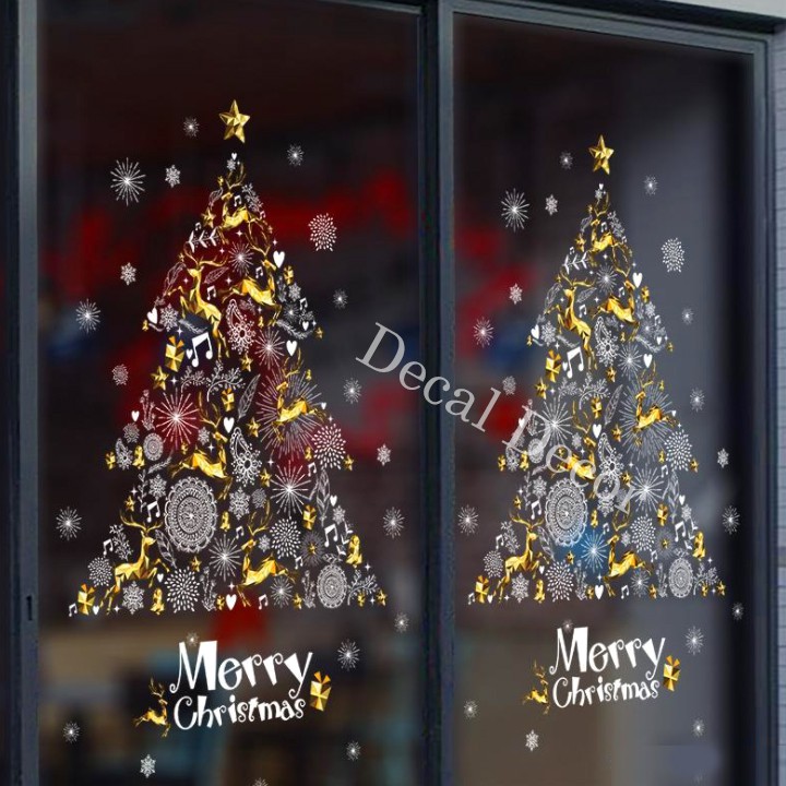 Decal Trang Trí Noel Hình Cây Thông Và Marry Christmas 67x58cm - Decal Decor Noel Dán Kính Ở Shop, Văn Phòng