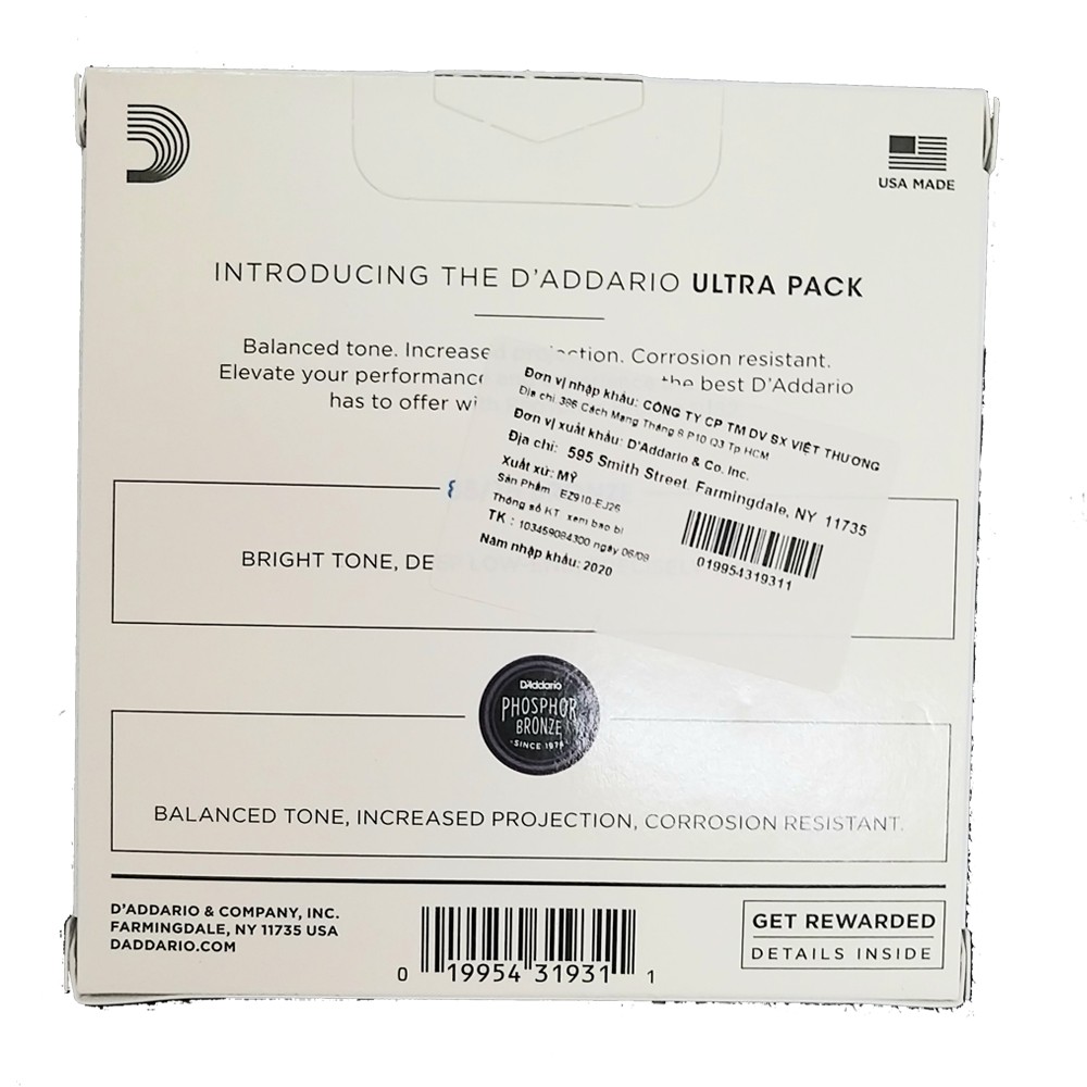 [Chính hãng] D'Addario Ultra Pack EJ26 + EZ910 - Combo dây đàn guitar acoustic D'addario EJ26 + EZ910