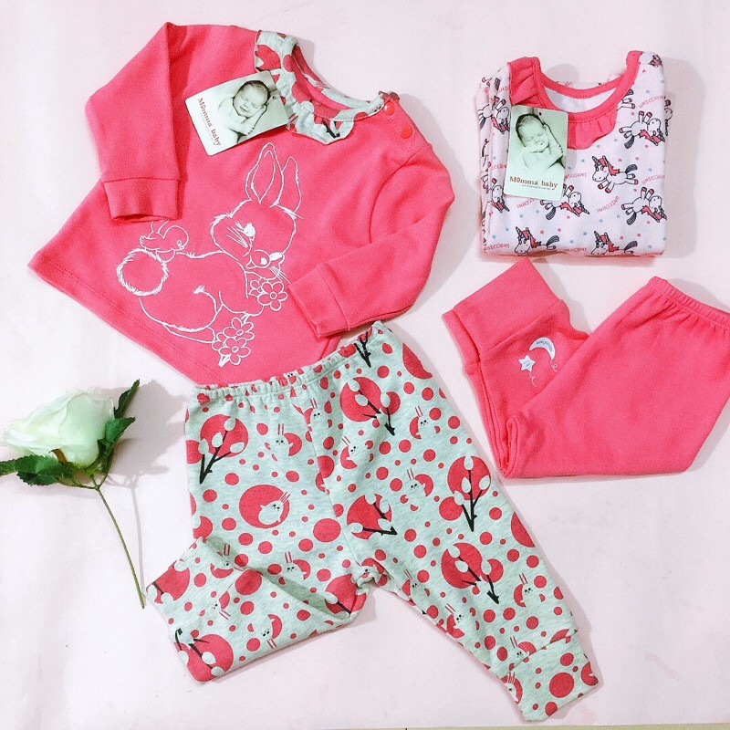 Bộ dài tay cài vai Momma bé gái 6m-9m