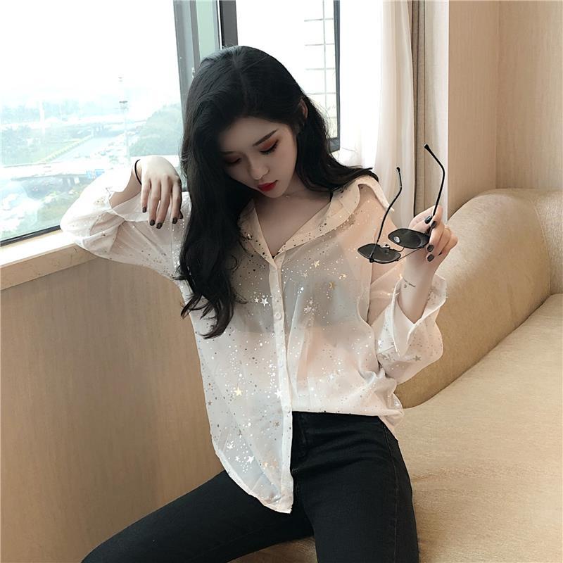 Áo Sơ Mi Chiffon Lụa Đính Kim Sa Lấp Lánh Dài Tay Thời Trang Mới Cho Nữ