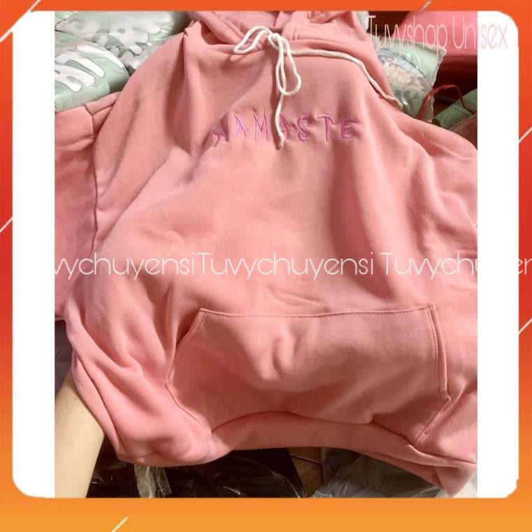 Áo Hoodie Nữ TUVY Áo Nỉ Túi Bụng mũ 2 lớp nỉ ngoại dày ấm in chữ Namaste pet 5D giá rẻ form rộng màu be tím hồng hot
