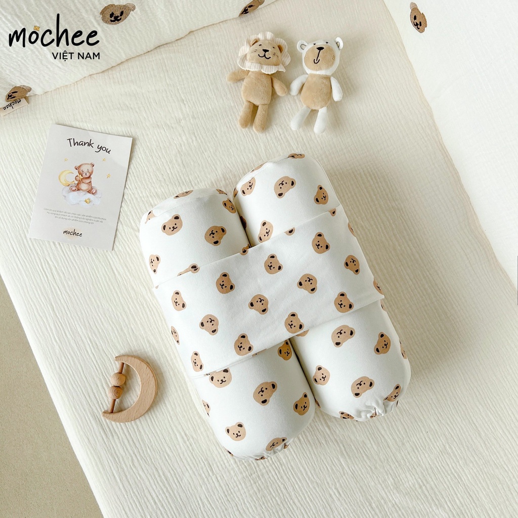 Gối chặn cao su non Mochee cho bé sơ sinh, bộ gối vỏ Cotton cho trẻ sơ sinh - Monnie Kids