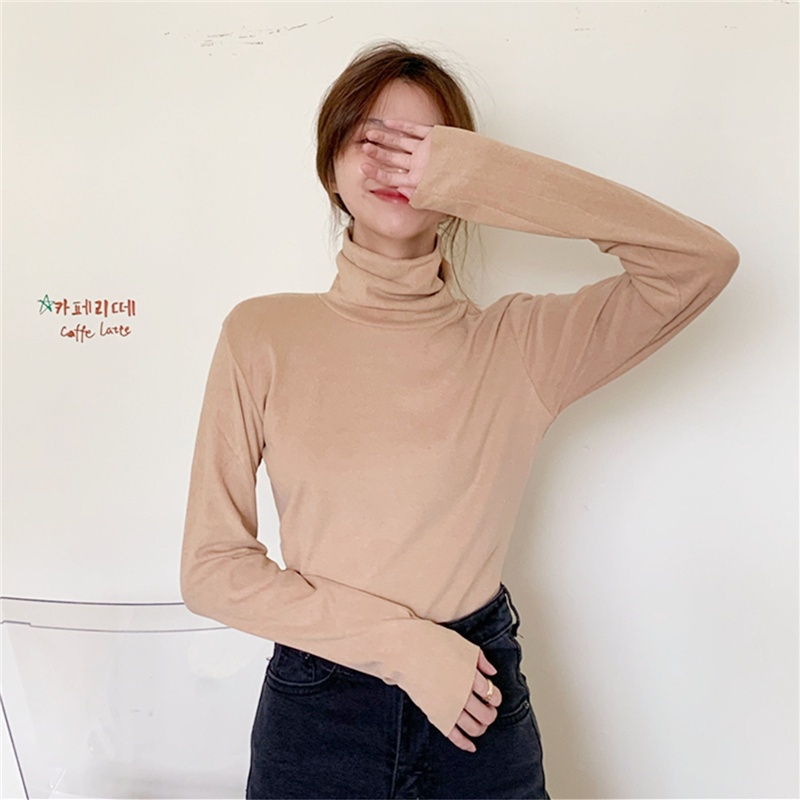 SUXI Áo Thun Dài Tay Cổ Cao Màu Sắc Đơn Giản Cho Nữ