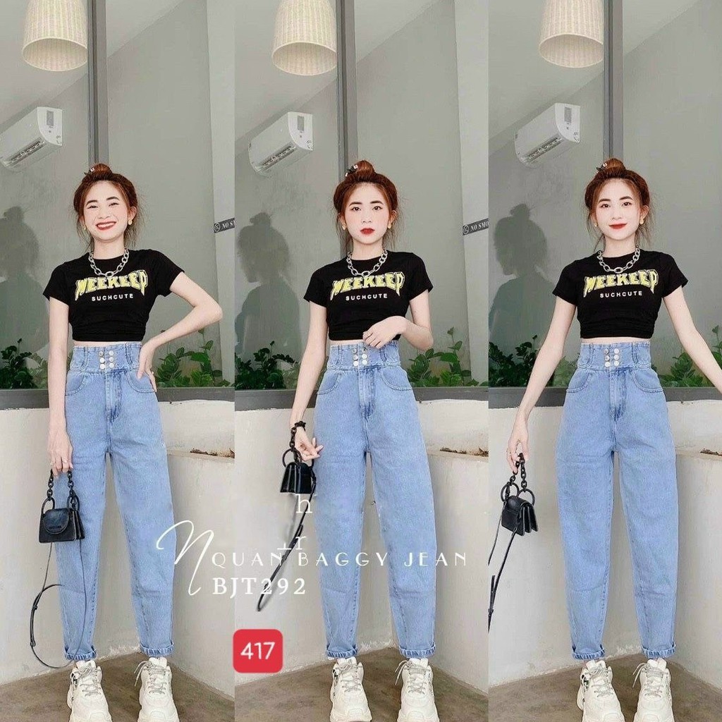 Quần baggy nữ đẹp muradfashion màu xanh chất jeans không giãn, hoạt tiết rách BG