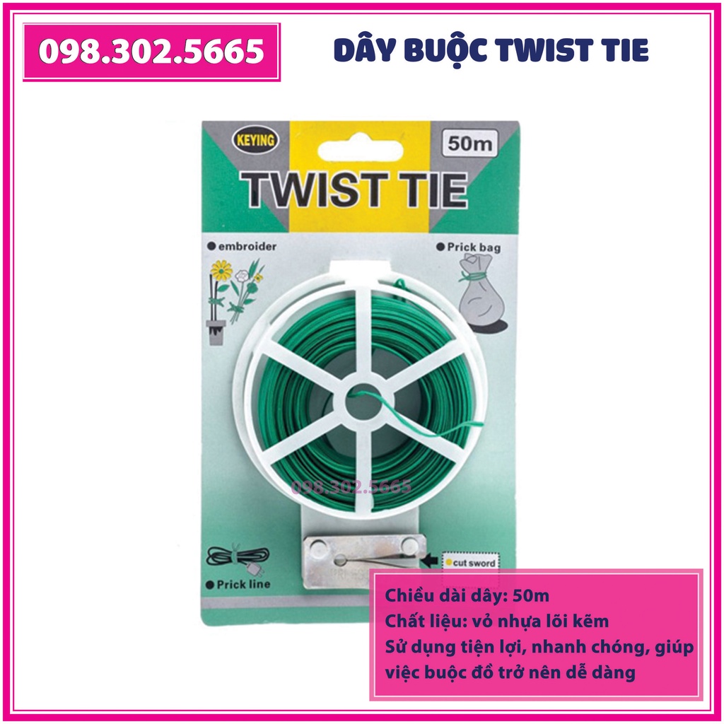 Combo 2 Cuộn dây buộc đồ đa năng Twist Tie GX-001, 50m (Dây nhựa, lõi kẽm)