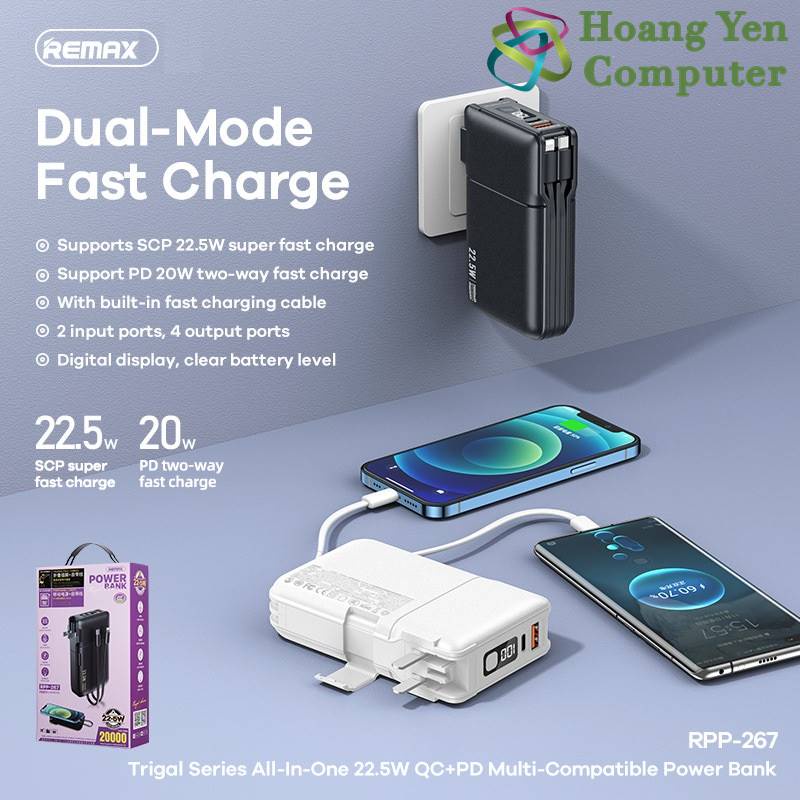 Sạc Dự Phòng Remax RPP-267 20000Mah (Sạc Nhanh QC3.0, VOOC 2.0  PD20W), Tích Hợp Cáp Sạc, Nguồn AC Sạc Trực Tiếp