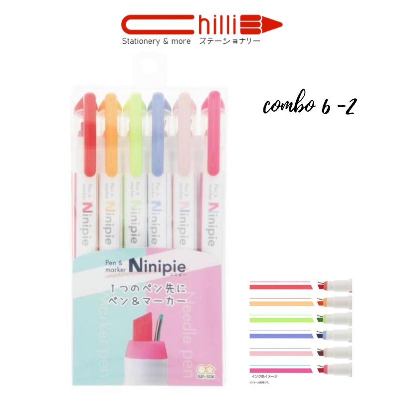 Set Bút Ninipie 2 Ngòi Bút Viết + Bút Đánh Dấu Highlight 2 Màu Pastel Siêu Xinh Combo 3,6