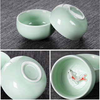 Bộ ấm chén pha trà cá 3D men ngọc