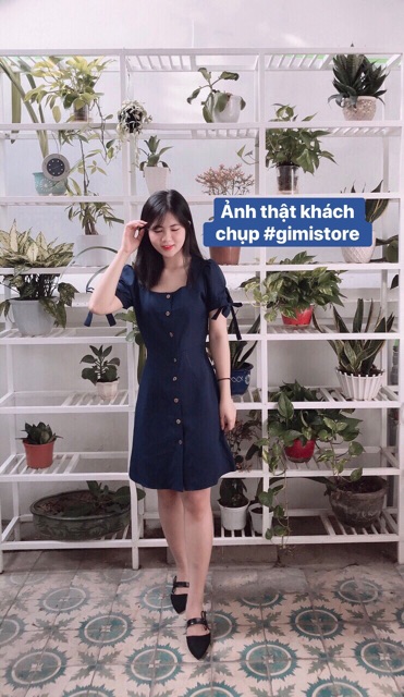 ĐẦM CỔ VUÔNG TAY NƠ kt ( Kèm ảnh thật)