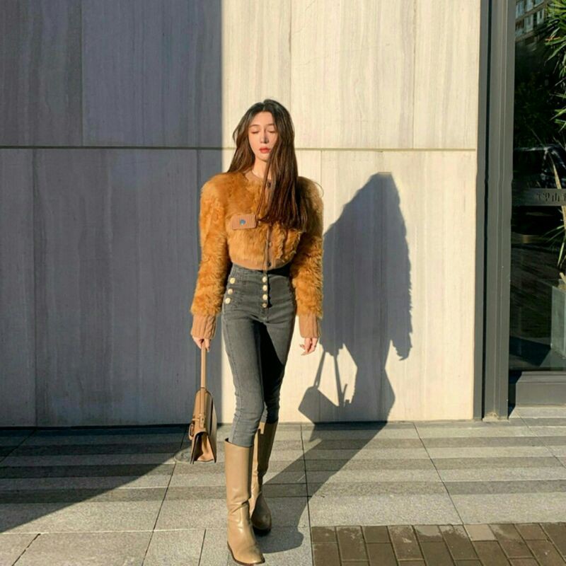 Áo lông croptop kết hợp len dệt kim thời trang cao cấp phong cách sang chảnh