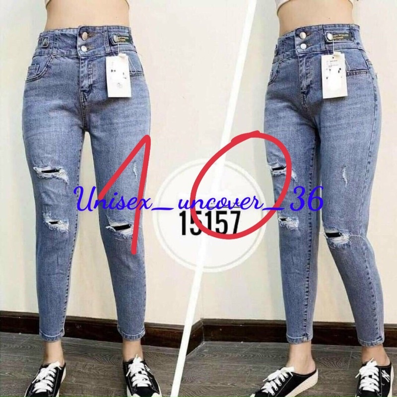 [BÁN SỈ] Quần BAGGY Bò 2 Cúc Đĩa Cạp Rách Đùi Co Giản