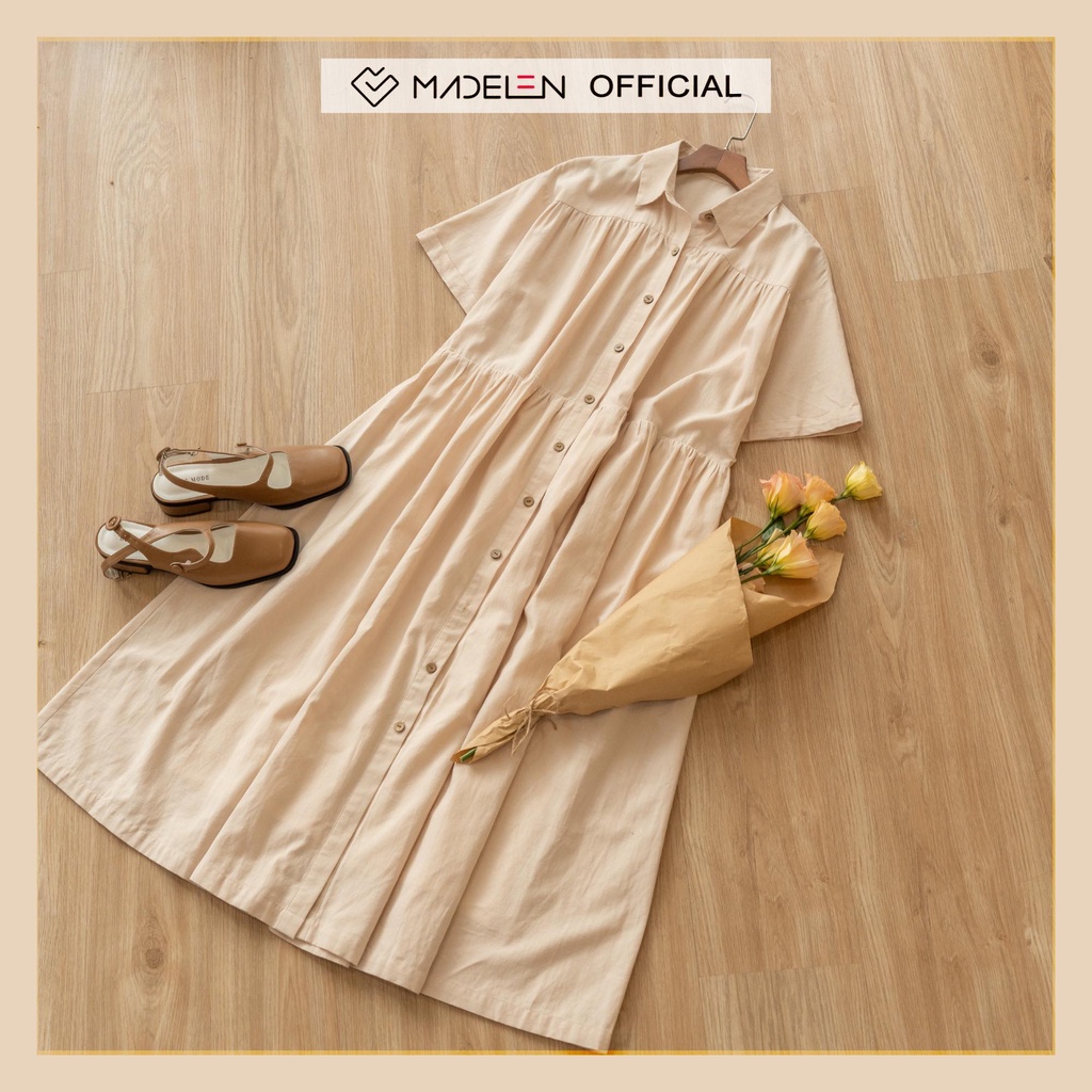 Váy ngắn tay vintage suông be dáng dài MADELEN