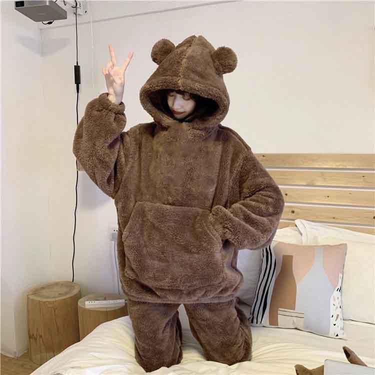 Sét bộ ngủ lông gấu hoodIe màu be, nâu from rộng ulzzang, đồ bộ lông cừu giữ nhiệt ấm áp hàn quốc