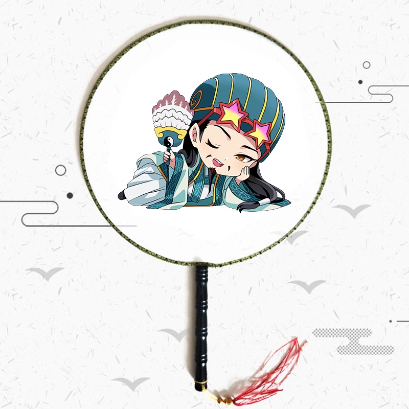 Quạt tròn cổ trang in hình KHỔNG MINH THÍCH ĐI QUẨY chibi anime cán gỗ quà tặng độc đáo xinh xắn