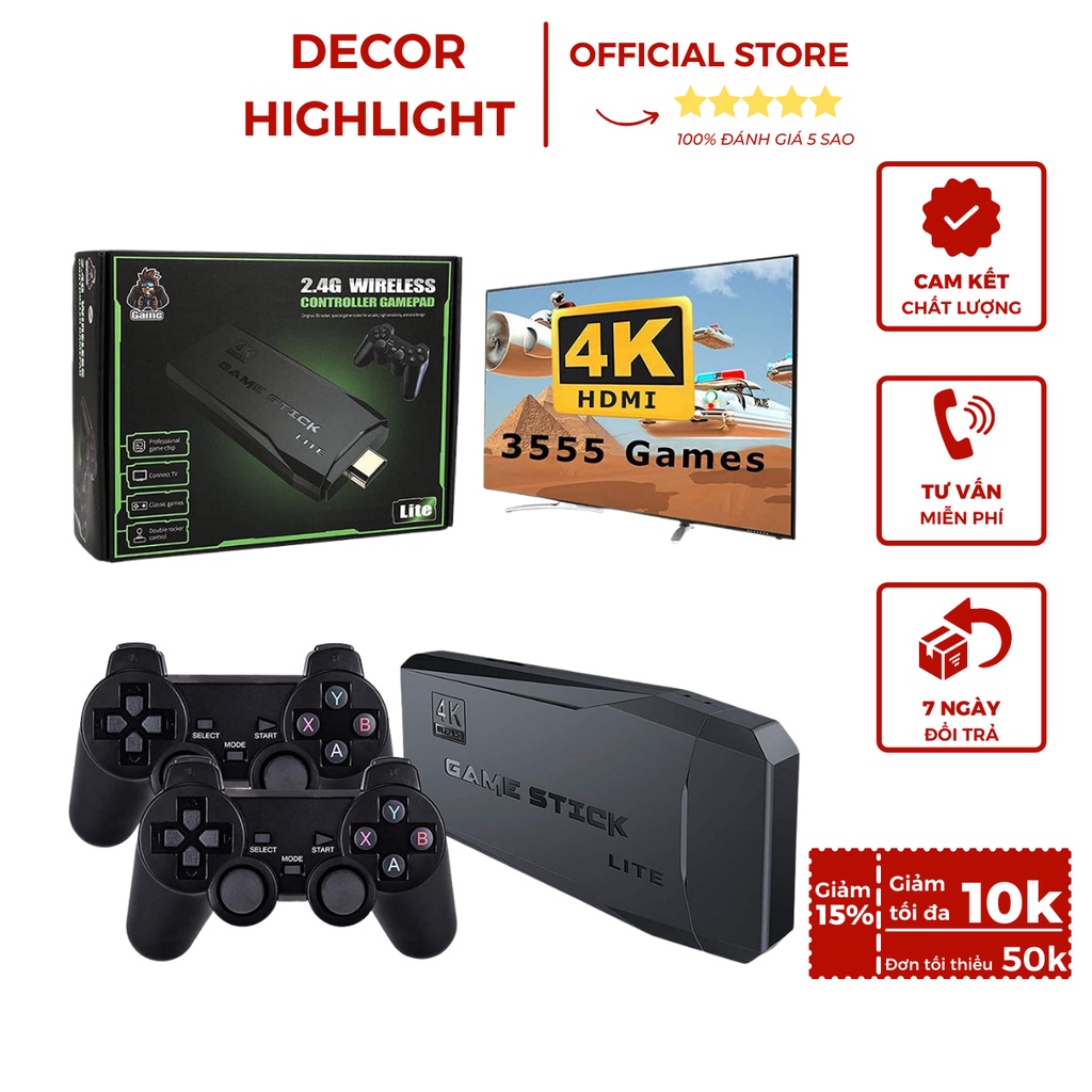 Máy chơi game stick 4K HDMI cầm tay mini giá rẻ không dây bản 64gb pro 10000+ game DE017