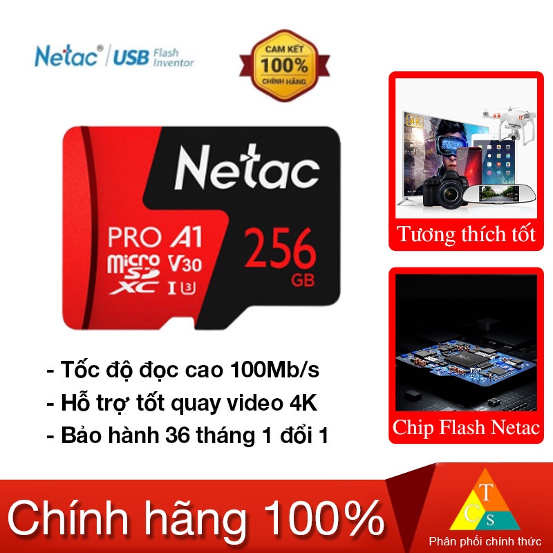 Thẻ nhớ Netac 256GB Pro Micro SDXC TF Memory Card Data Storage V30/UHS-I U3 High Speed Up to 100MB/s