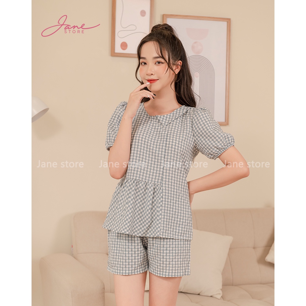 Bộ đồ mặc nhà họa tiết kẻ hạt vạt cổ lệch Set đồ nữ kẻ chất thô mềm mịn thoáng mát Jane mã KC02