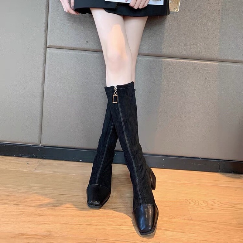 Boots da lộn cổ cao đầu gối gót vuông cao 5cm