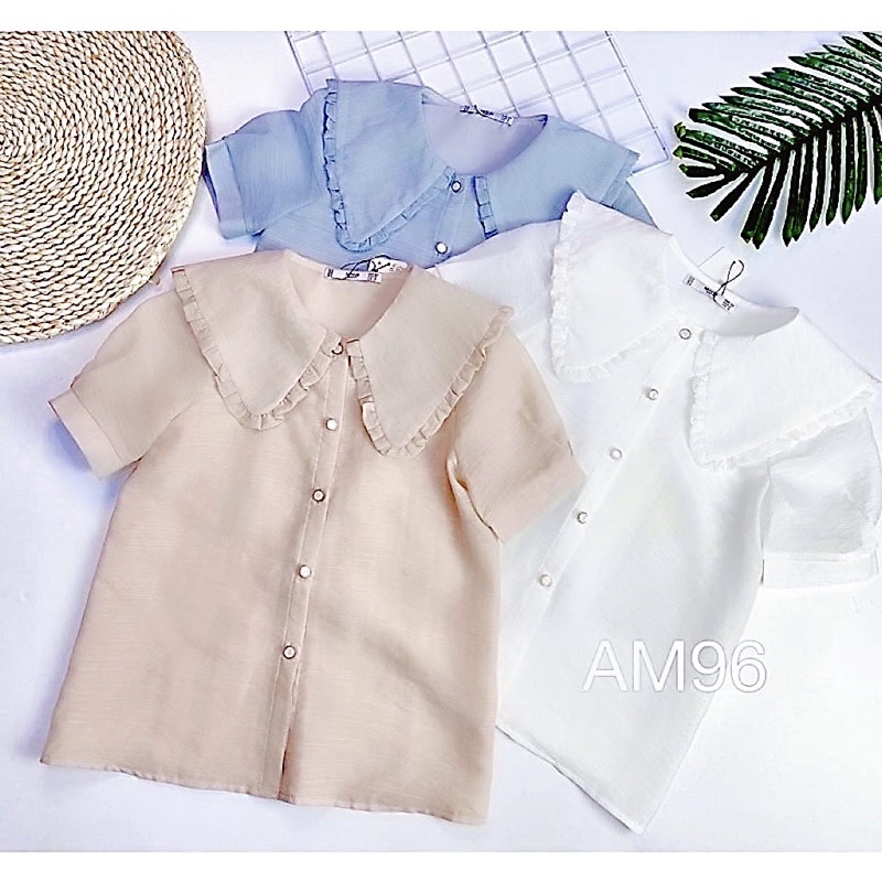 áo sơ mi kiểu cổ bèo to phong cách hàn quốc chất liệu tơ ánh hàn mềm mịn ba màu xanh trắng ghi A33