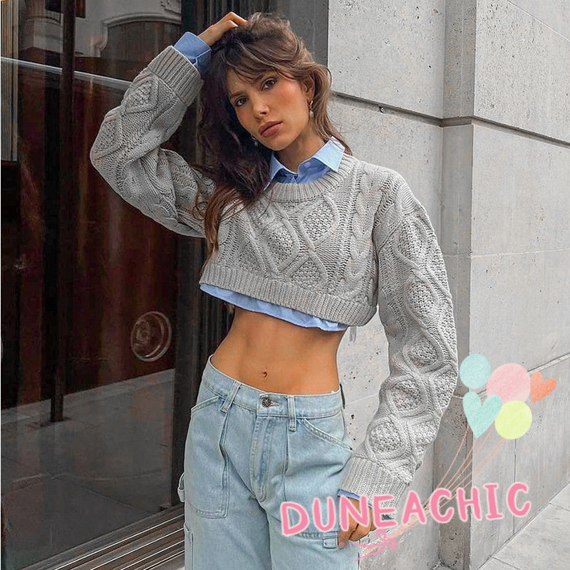 DUNEA Áo sweater dệt kim tay dài dáng rộng màu trơn thời trang dành cho nữ