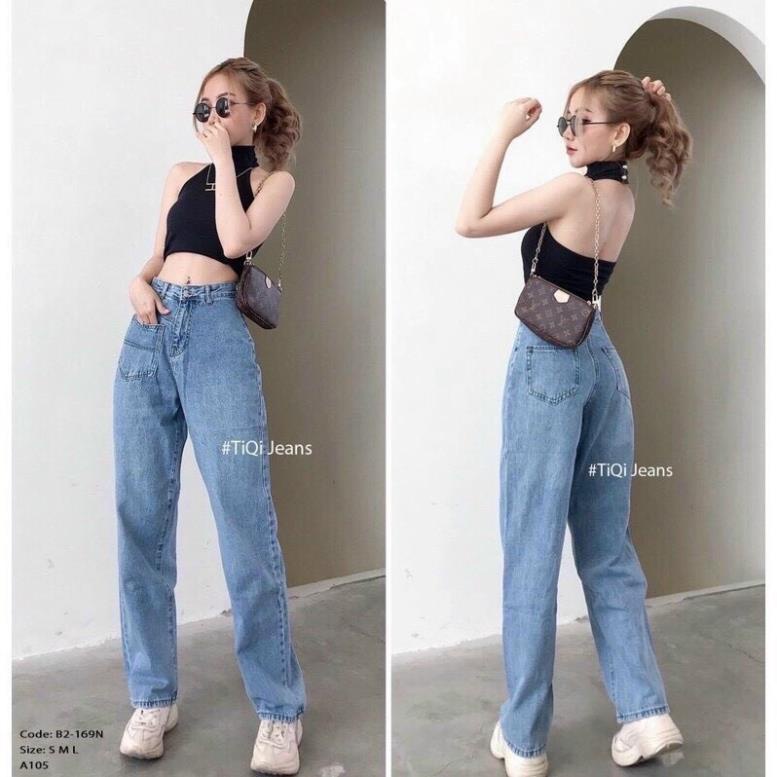 SIÊU SALE Quần jean nữ lưng cao ống suông, cắt gối, chất vải denim dày dặn, mềm, mang thoái mái