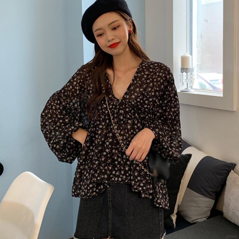 Áo Sơ Mi Chiffon Tay Dài Cổ Chữ V Dáng Rộng In Họa Tiết Hoa Đơn Giản Ngọt Ngào Kiểu Hàn Quốc