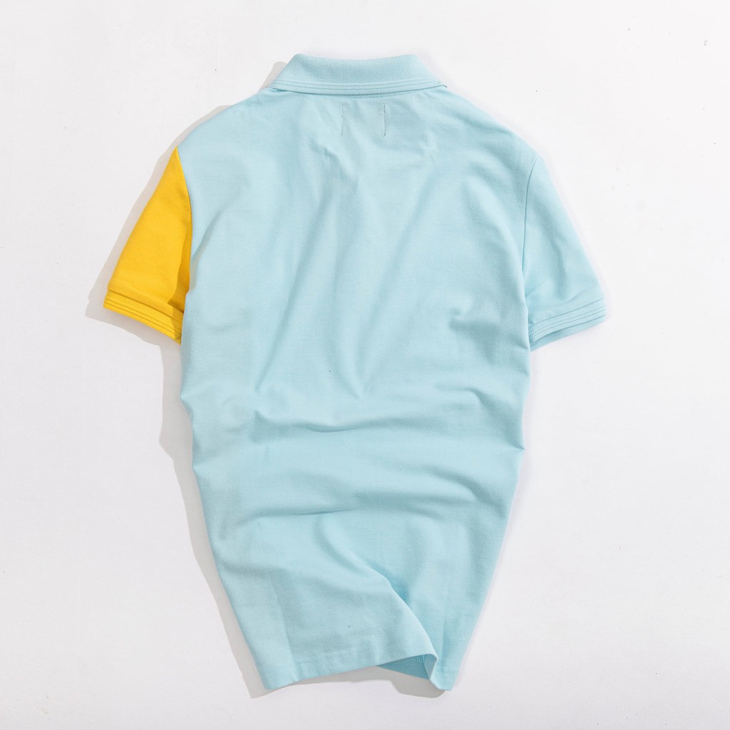 Áo thun nam cao cấp Rosi PL01 cổ polo tay bo ngắn,vải cotton cá sấu phối màu xanh vàng,dáng ôm (Slimfit) trẻ trung.