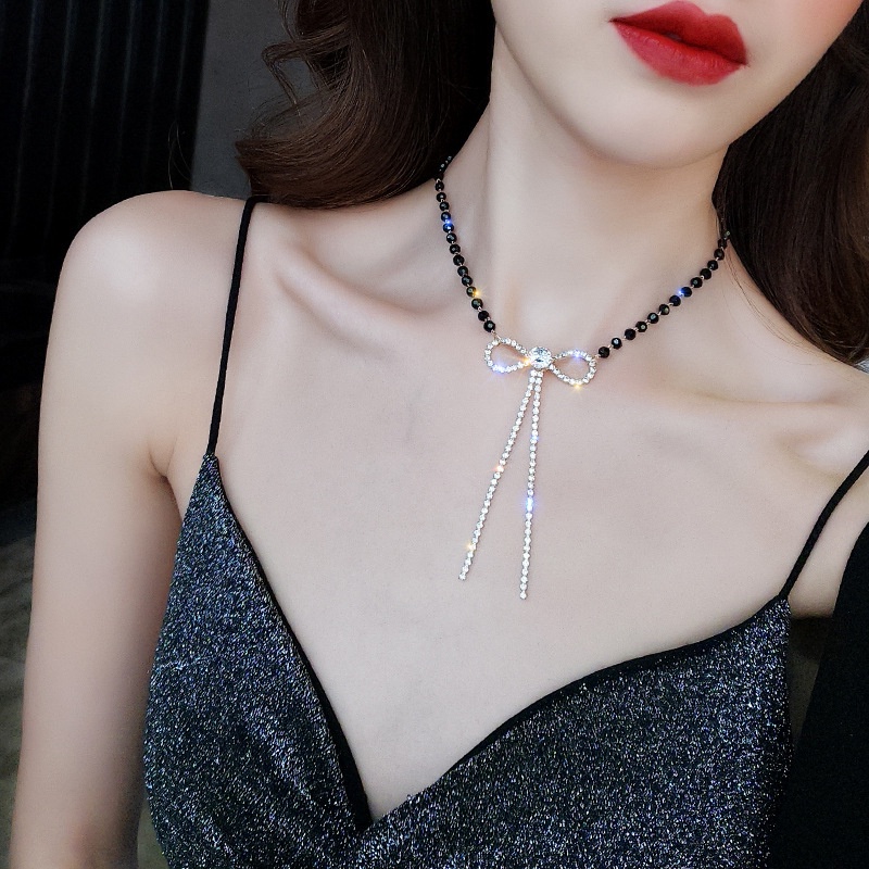 Vòng Cổ Dây Xích Mặt Nơ Đính Kim Cương Nhân Tạo Tinh Tế Thời Trang Hàn Quốc