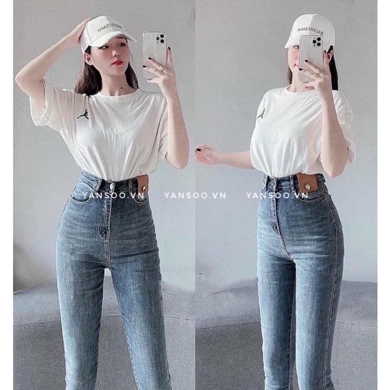 Quần jean bó skiny ôm giãn cạp cao hách dáng tag da , quần bò bó trơn lưng cao basic phong cách Hàn Quốc YANSOO