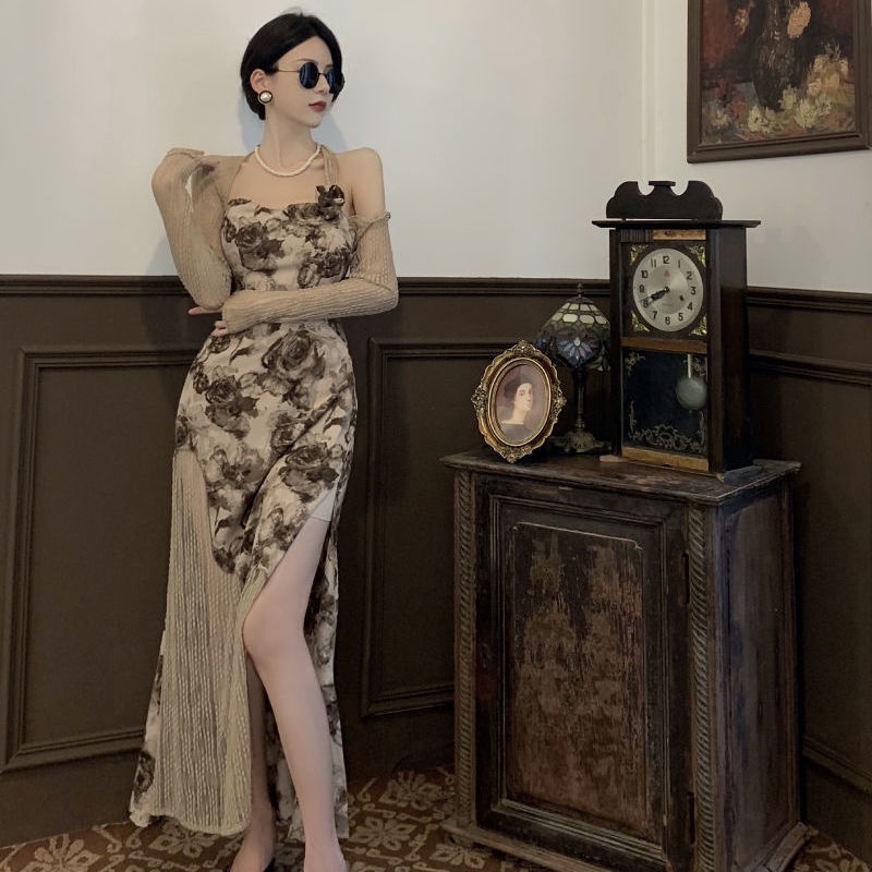 Đầm Hoa Hai Mảnh Tay Dài Hở Vai Phong Cách Pháp Thời Trang Mùa Thu Cho Nữ 15 Ngày