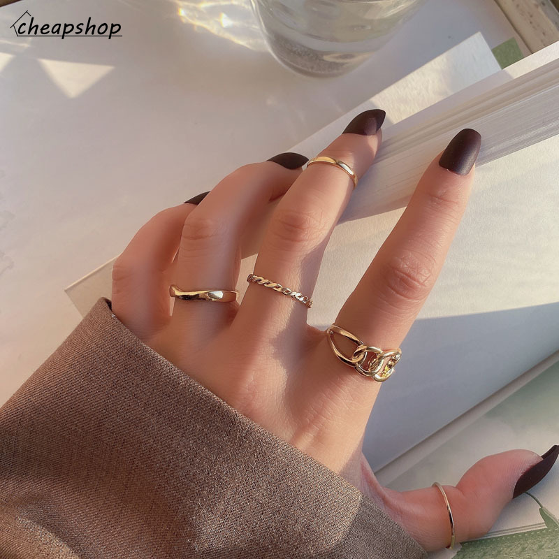 iF YOU Bộ 5 nhẫn màu vàng thiết kế đơn giản phong cách Hàn Quốc