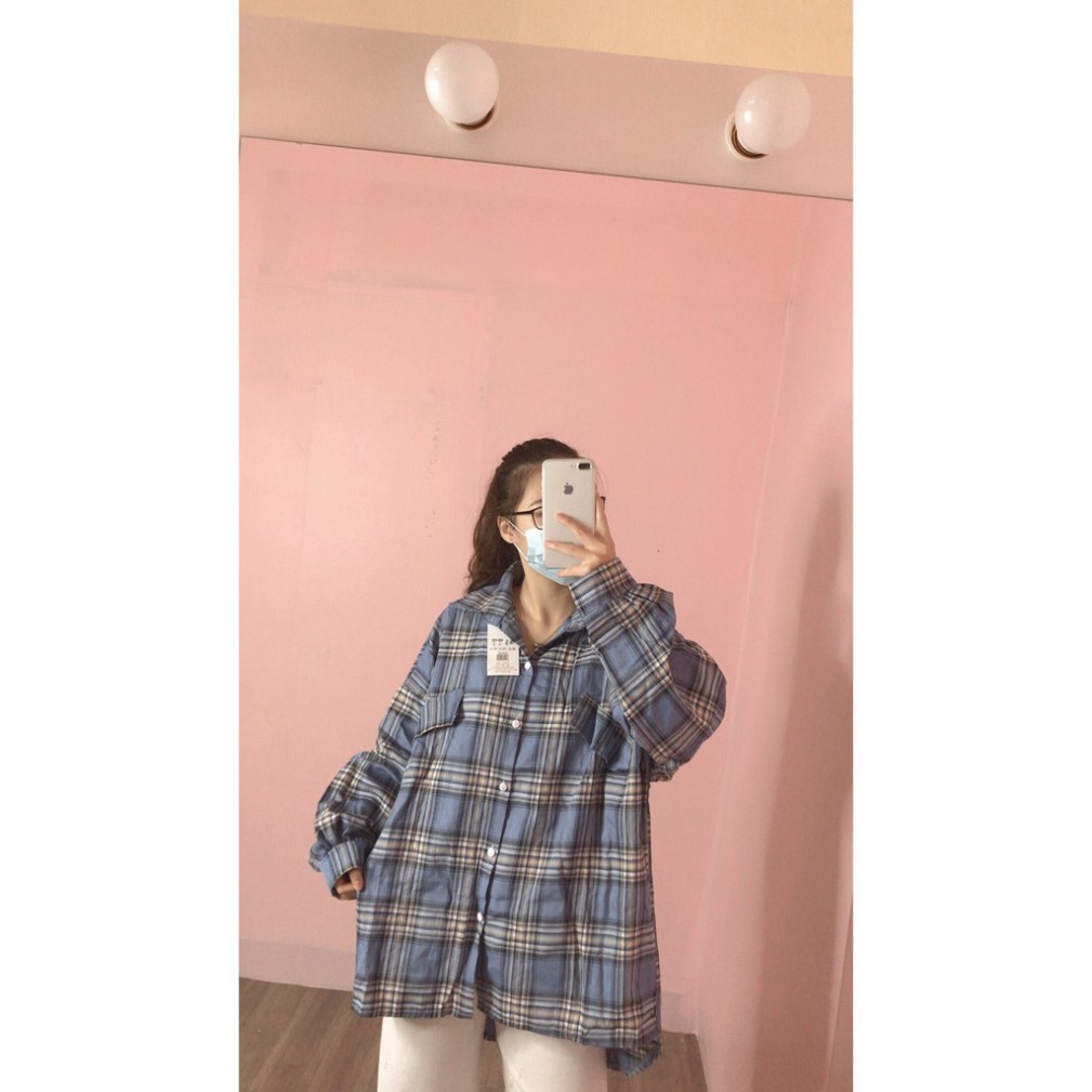 Áo sơ mi nam nữ kẻ sọc 2 túi lệch phối tay bồng/ Áo sơ mi cổ bẻ tay dài dáng suông ulzzang | BigBuy360 - bigbuy360.vn