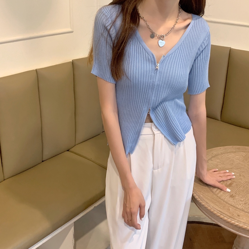 Áo len nữ ngắn tay khóa kéo nhỏ  mùa hè