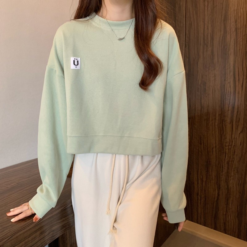 Áo sweater IELGY tay dài cổ tròn dáng rộng phong cách Hong Kong retro thời trang dành cho nữ