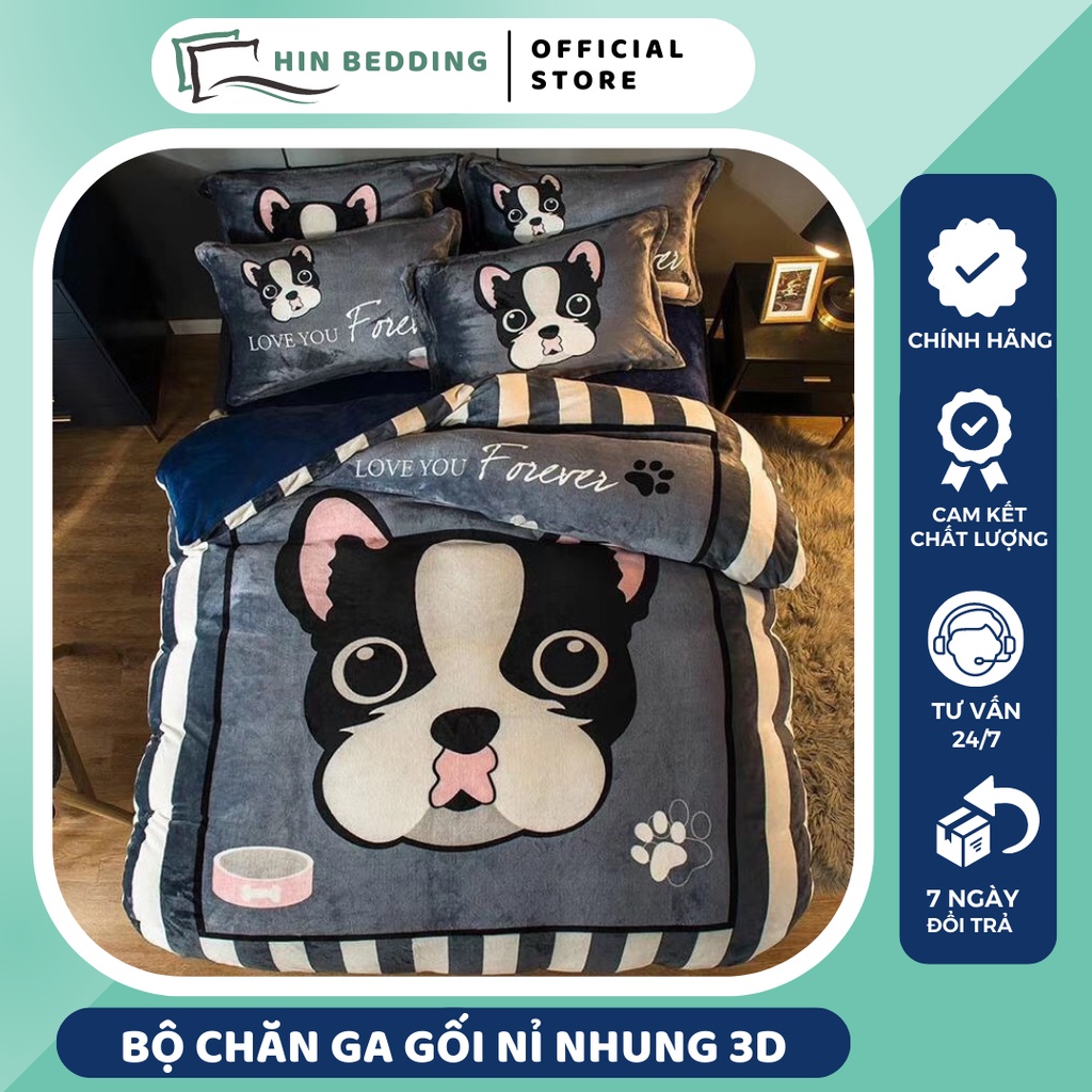 Bộ Chăn Ga Gối Nỉ Nhung 3D HIN BEDDING, Bộ Chăn Ga Gối Nỉ Nhung Mềm Mịn Bo Chun Mọi Kích Thước