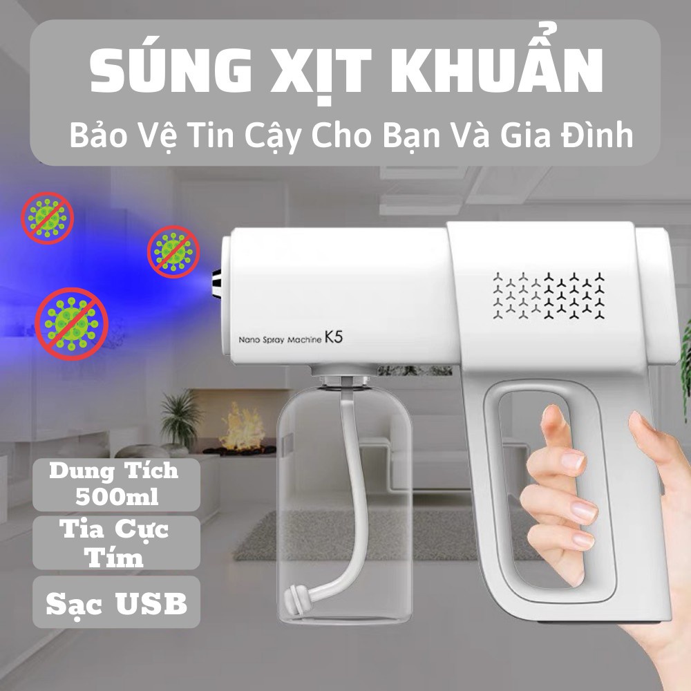 Súng phun khử khuẩn nano cầm tay K5 Pro - Máy xịt khử khuẩn phun sương tia cực tím tự động 380ml - T2K Shop