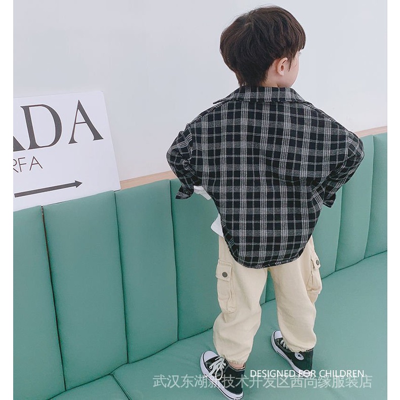 Áo Sơ Mi Caro Tay Dài Phong Cách Hàn Quốc Thời Trang Xuân Thu Mới Cho Bé Trai