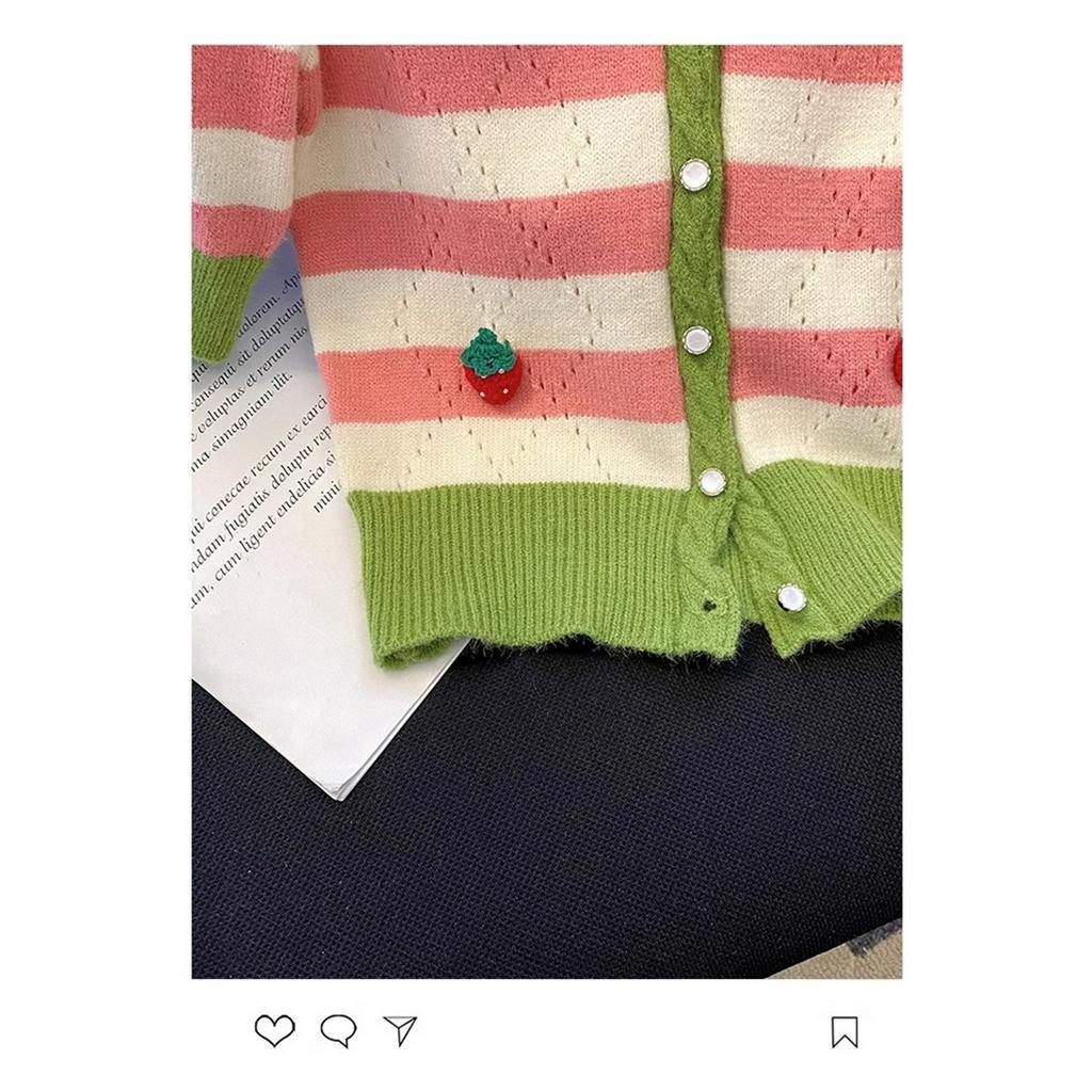 Áo cardigan Ngắn Tay Cổ Chữ V Họa Tiết Kẻ Sọc Thiết Kế Mới Thời Trang Mùa Hè Theo Phong Cách Hàn Quốc