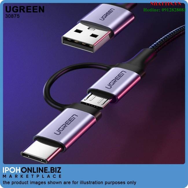 Cáp sạc, dữ liệu 2 in 1 USB A sang USB Micro + Type-C dài 1M Ugreen 30875 Sạc nhanh, bện dù, cao cấp