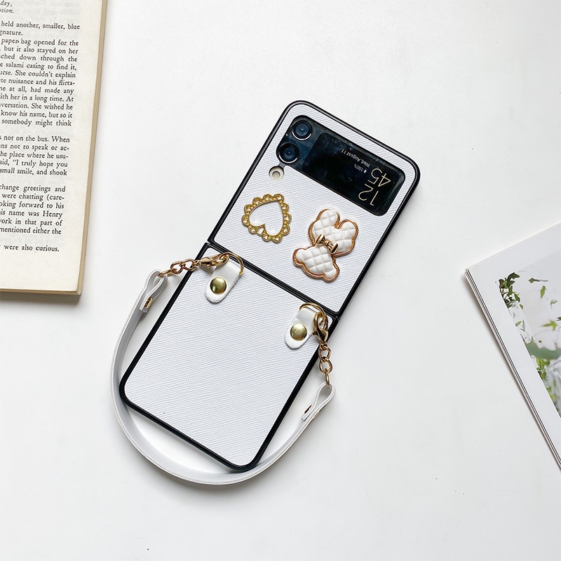 Bao Da pu Điện Thoại Nắp Lật Đính Ngọc Trai Hình Trái Tim Gấu diy Cho samsung galaxy z flip 4 3 flip4 flip3 5g Ốp