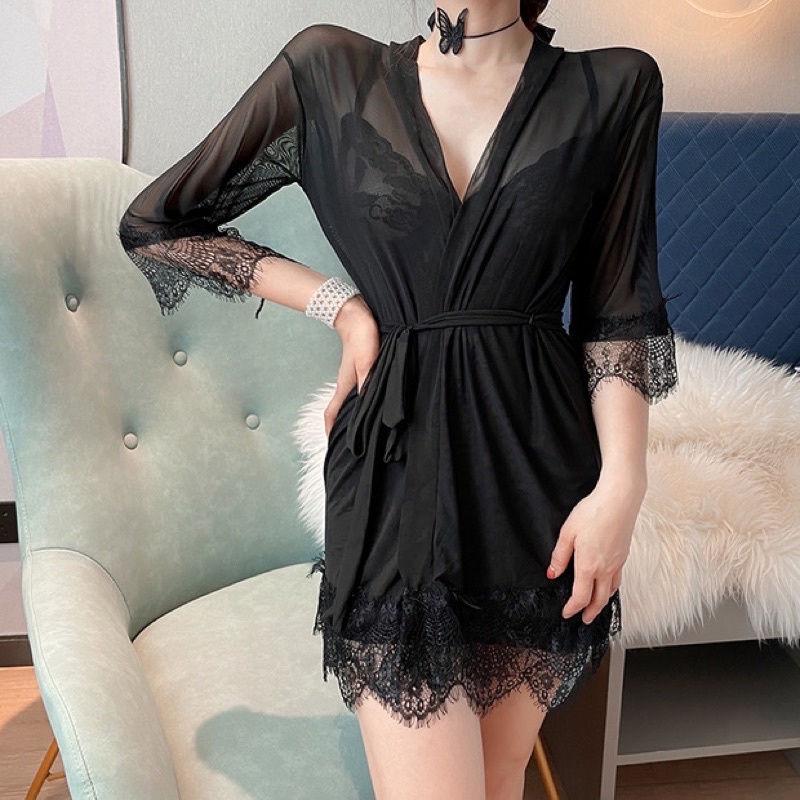 Set Choàng Ngủ Ren Kèm Váy Dây Cao Cấp Gợi Cảm ME1399 - Đồ Ngủ Nữ Quyến Rũ Kèm Lọt Khe Sexy