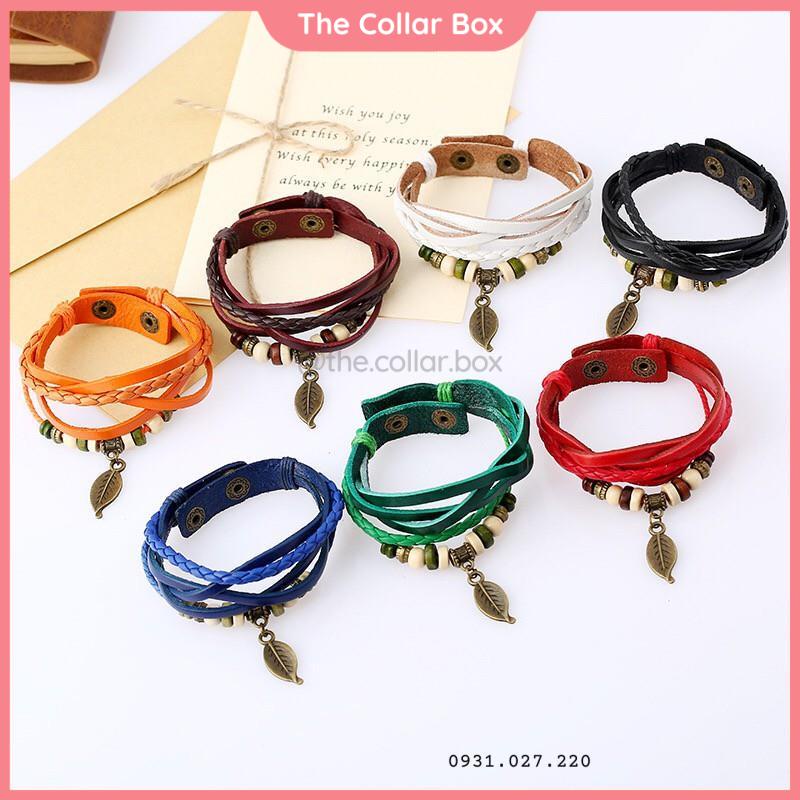 Vòng tay dây da handmade chiếc lá khóa bấm - Mã VTDALAT