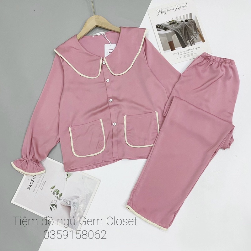 Lụa mịn loại 1 - Bộ mặc nhà pijama dài tay trơn màu viền ren kiểu dáng dễ thương