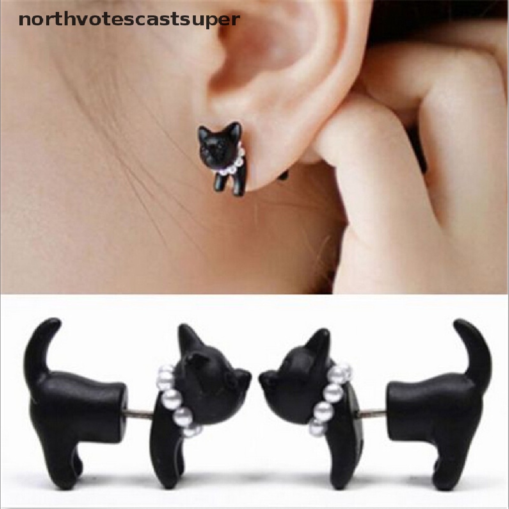 1 khuyên tai hình mèo đen đính ngọc trai thời trang