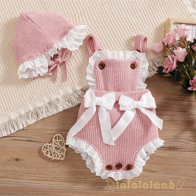 Set Đồ Gồm Áo Liền Quần Dệt Kim Không Tay Thắt Nơ Kèm Mũ Màu Sắc Tương Phản Cho Bé Gái 0-18 Tháng Tuổi