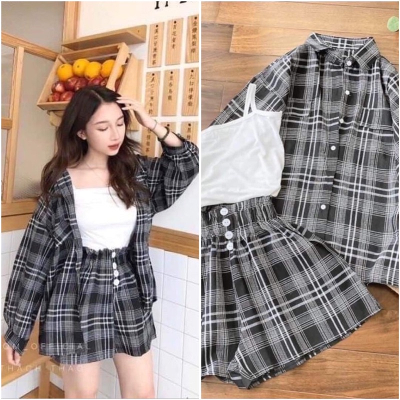 Sét 3 món sơ mi kẻ tay bồng gồm áo 2 dây + Áo sơ mi + Quần Short