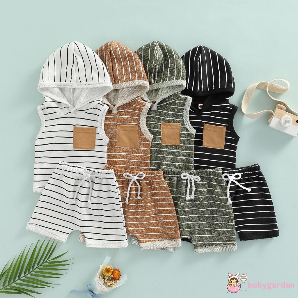 Bộ Áo Hoodie Không Tay Kèm Quần Short Dây Rút Thời Trang Mùa Hè Cho Bé Trai 0-3 Tuổi