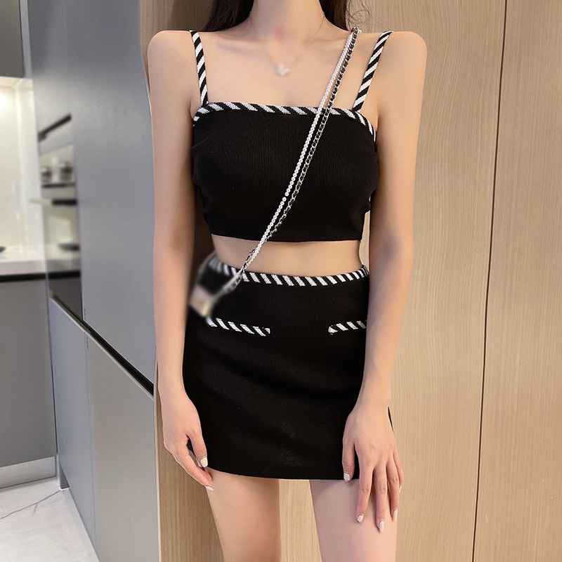 Bộ Áo Croptop Không Tay + Chân Váy Lưng Cao Dáng Ôm Gợi Cảm Thời Trang Hàn Quốc Cho Nữ