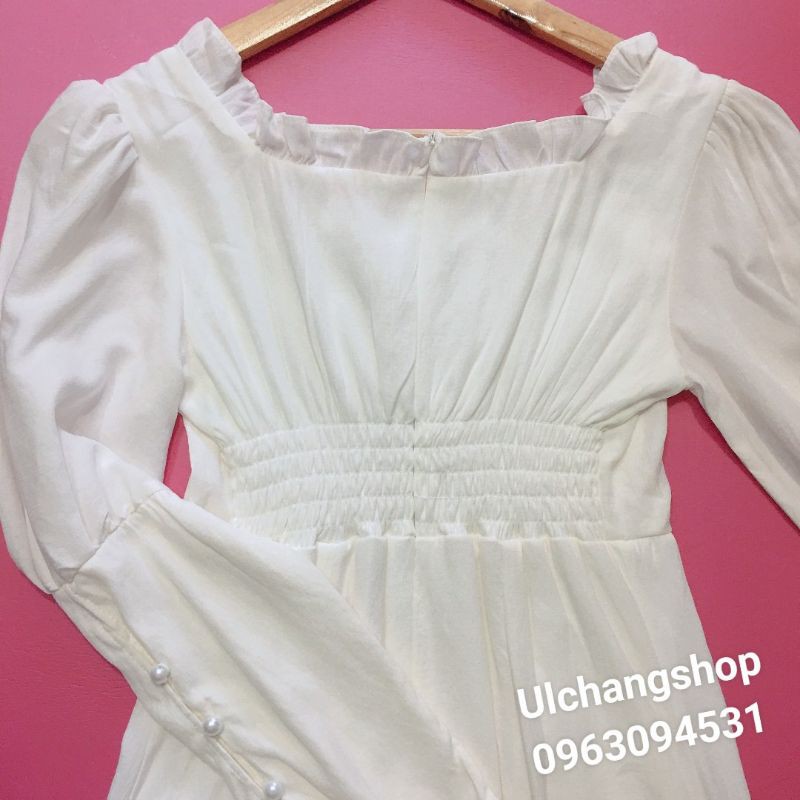 [Sẵn ảnh thật]_Đầm trắng cổ vuông tay lỡ nút ngọc ulzzang hàn quốc siêu phẩm | BigBuy360 - bigbuy360.vn